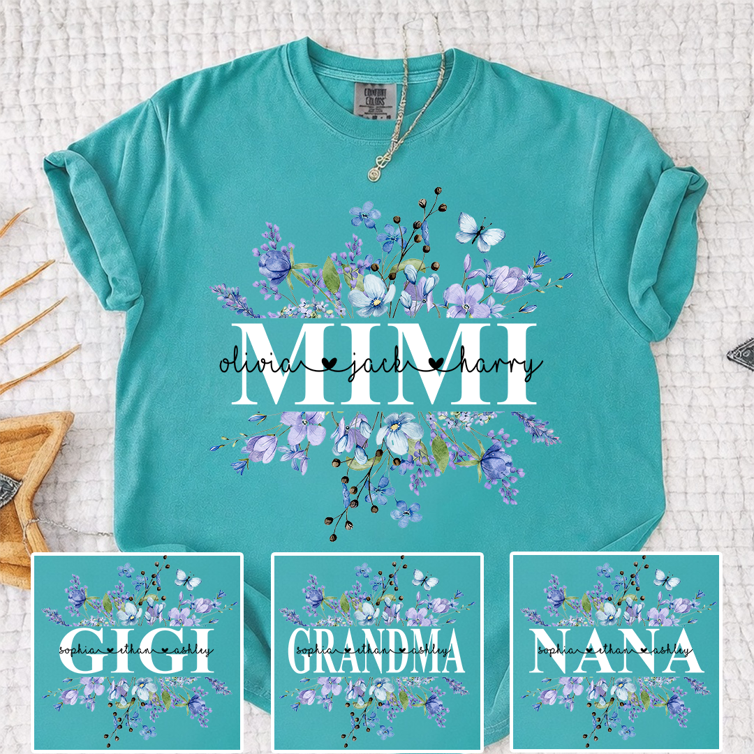Comfort Colors Personalized Mimi Shirt Blue Wildflower Design Custom Grandma Nana Gigi Name Tee with Grandkids Names Elegant Family Outfit for Women