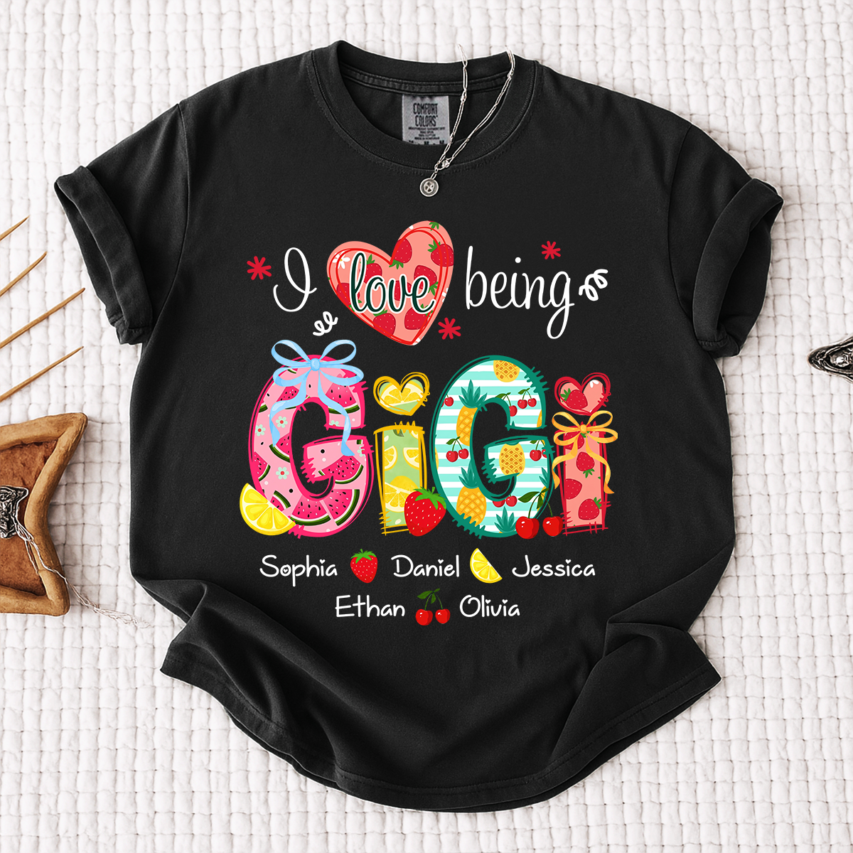 Comfort Colors I Love Being Gigi Shirt with Names, Personalized Fruit Pattern T-Shirt for Grandma, Summer Family Apparel