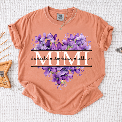 Comfort Colors Purple Floral Heart Mimi Shirt, Personalized Family Names and Violet Flower Design T Shirt