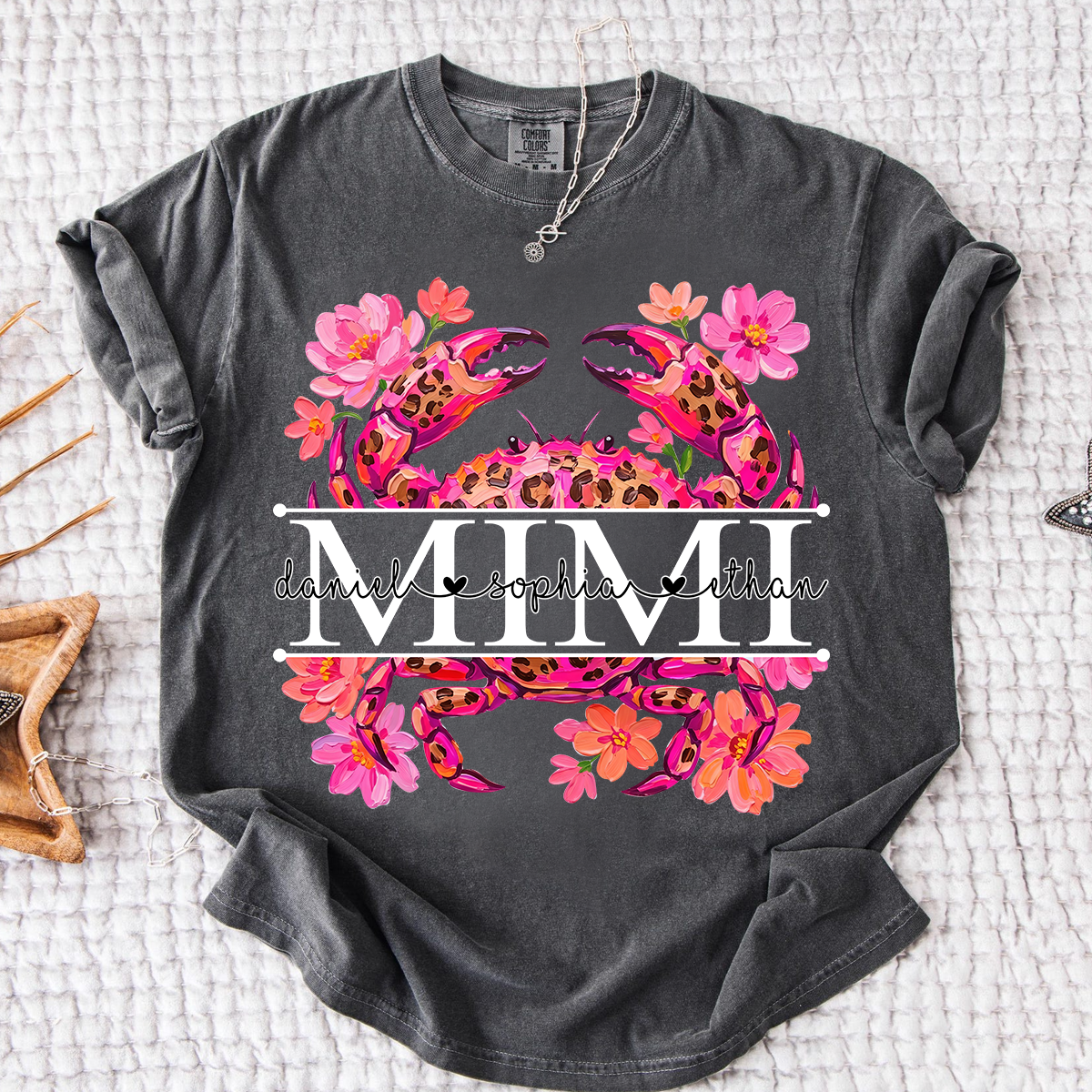 Comfort Colors® Personalized Mimi Crab Shirt with Grandkids Names, Custom Grandma Tee, Floral Leopard Beach Design T Shirt for Mimi Gift