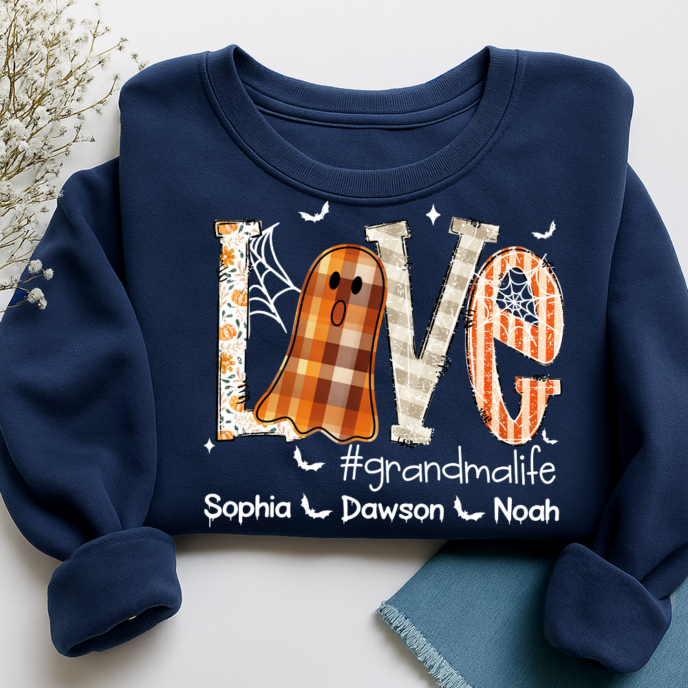 Personalized Grandma Halloween Outfit, Cute Ghost Sweatshirt with Grandkids Names