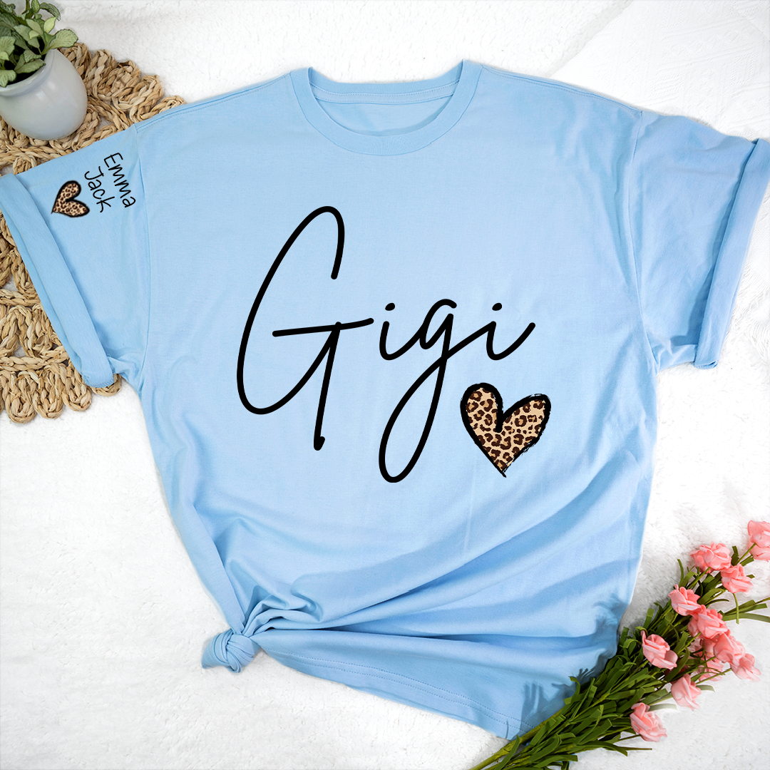 Gigi Shirt for Grandma, Personalized Custom Name Tee with Leopard Print Heart Design