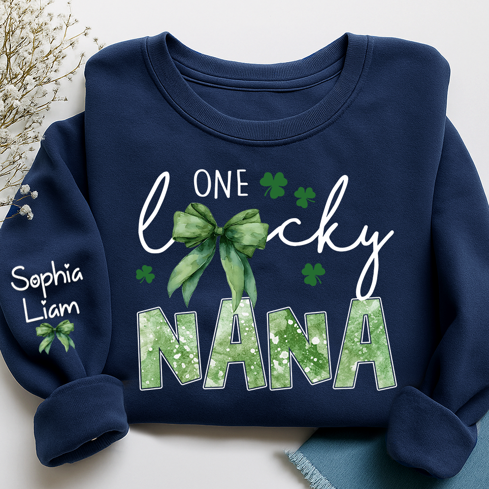 One Lucky Nana Sweatshirt for St Patrick’s Day, Personalized Grandma Shamrock Clover Sweatshirt with Kids Names