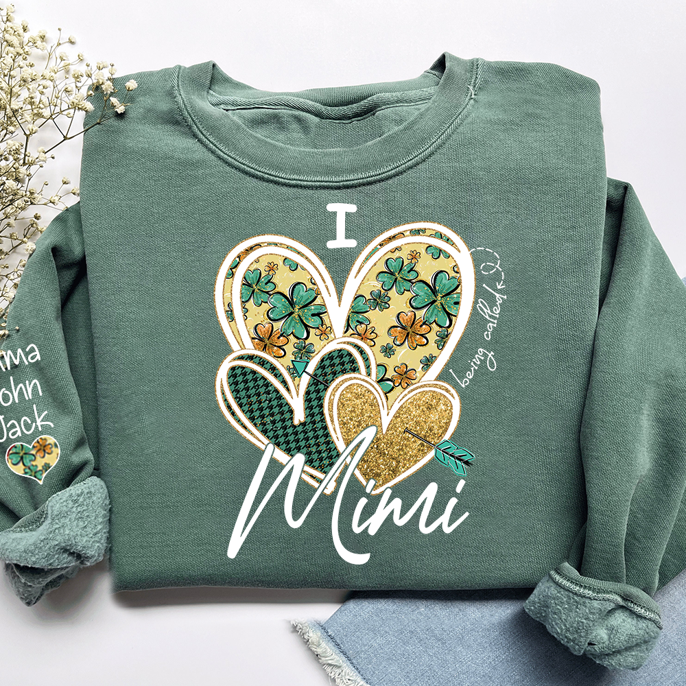 I Love to Be Called Mimi Heart Design Sweatshirt For St. Patrick's Day, Personalized Clover Design Sweatshirt for Grandma with Grandchildren's Names