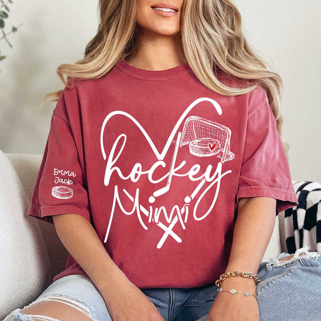 Hockey Heart Mimi Family Shirt, Custom Names and Hockey Puck Design Personalized Tee