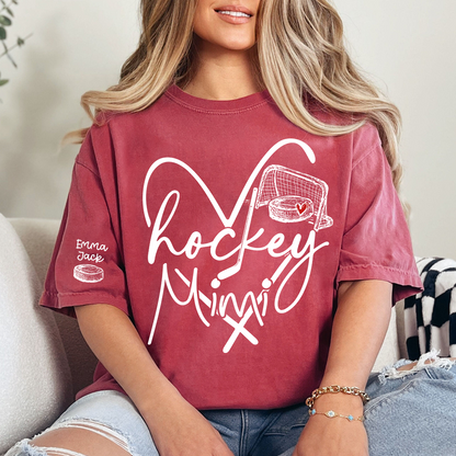 Hockey Heart Mimi Family Shirt, Custom Names and Hockey Puck Design Personalized Tee