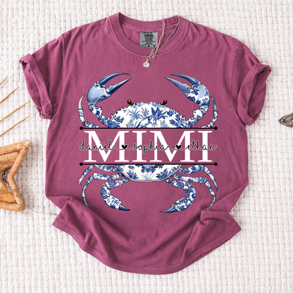 Comfort Colors® Personalized Mimi Shirt, Blue Ocean Crab Graphic Tee, Custom Grandkids Names T Shirt, Cute Coastal Family Gift