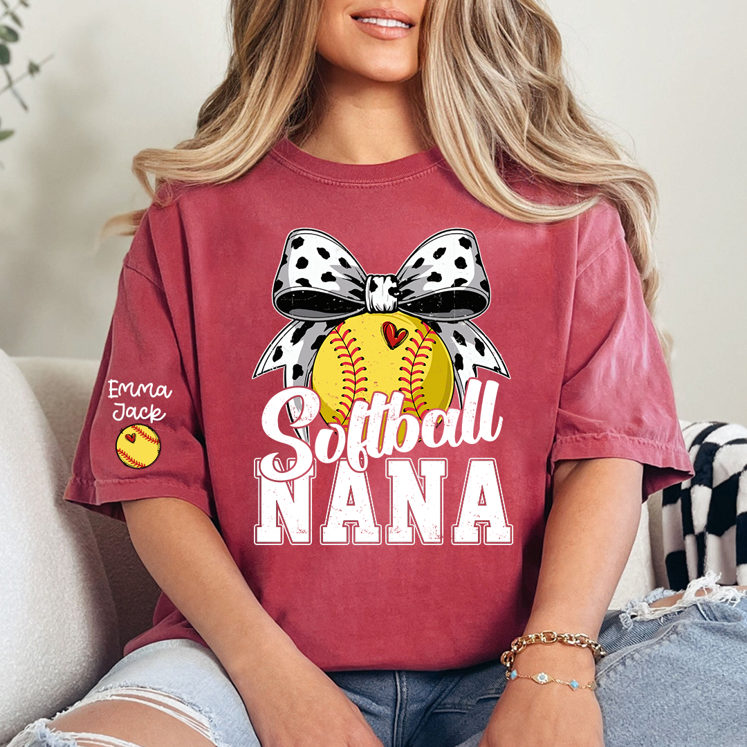 Proud Softball Nana T Shirt, Personalized Kids Names Sports Shirt with Bow Graphic