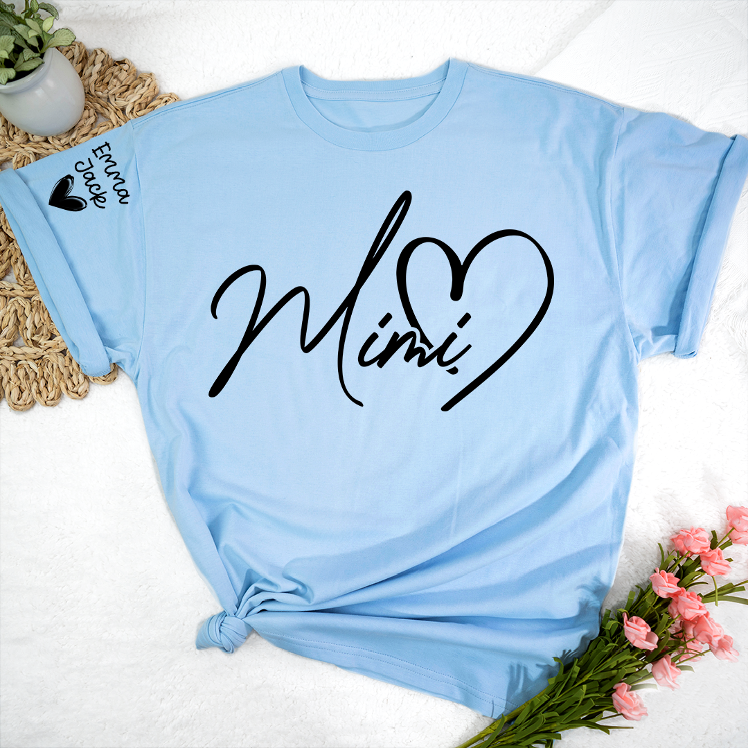 Personalized Family Mimi T Shirt with Custom Names, Simple Script Heart Design