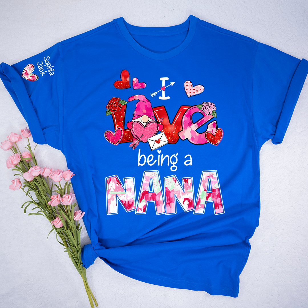 Personalized I Love Being A Nana Valentine T-shirt, Cute Bow and Strawberry Design for Grandma and Kids