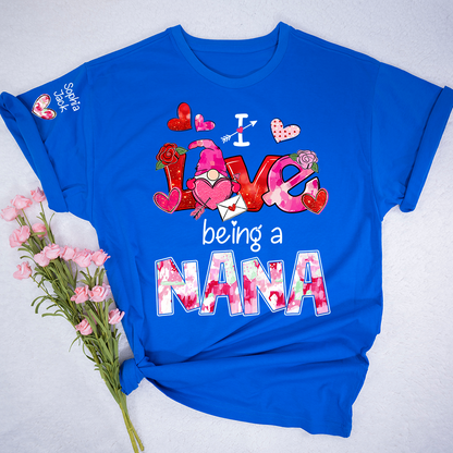 Personalized I Love Being A Nana Valentine T-shirt, Cute Bow and Strawberry Design for Grandma and Kids