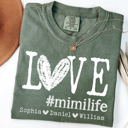 Comfort Colors LOVE mimilife Shirt, Custom Grandmother T Shirt with Kids' Names, Personalized Mimi Shirt, Perfect for Mother's Day, Birthday