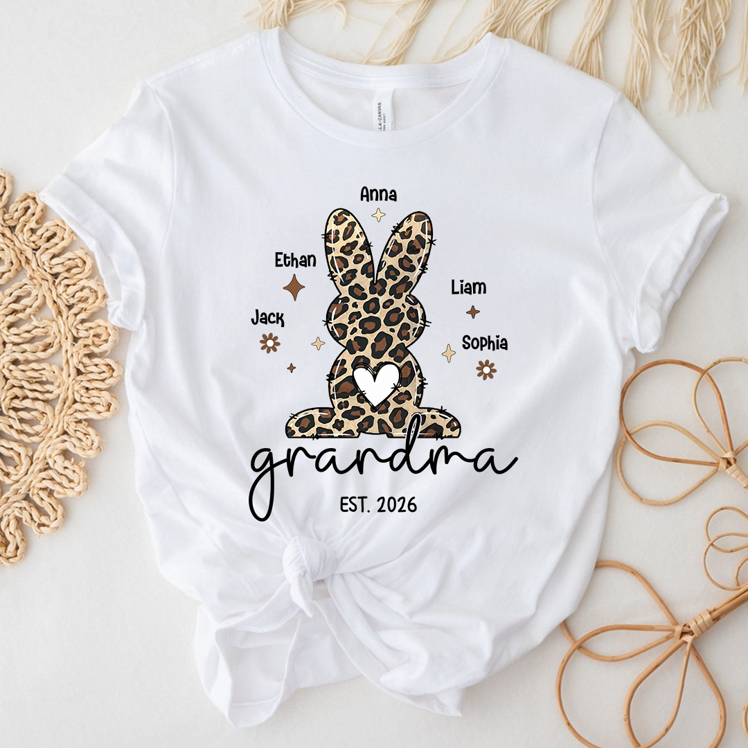 Personalized Grandma Easter Bunny Leopard Print T-shirt, Custom Grandma And Kids