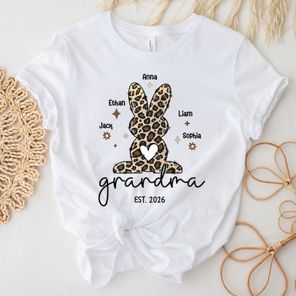 Personalized Grandma Easter Bunny Leopard Print T-shirt, Custom Grandma And Kids