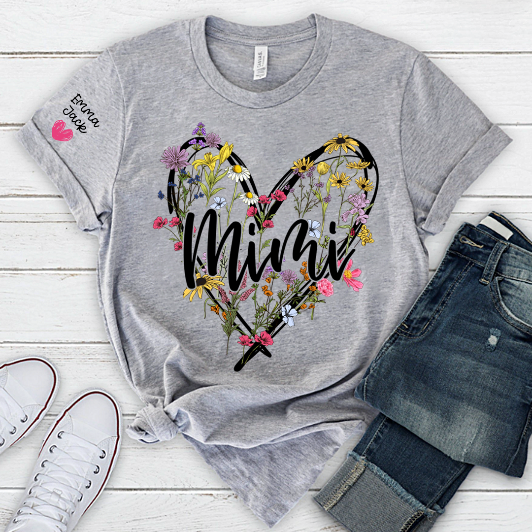Personalized Mimi Shirt with Grandkids Names, Floral Heart Design Family Tee