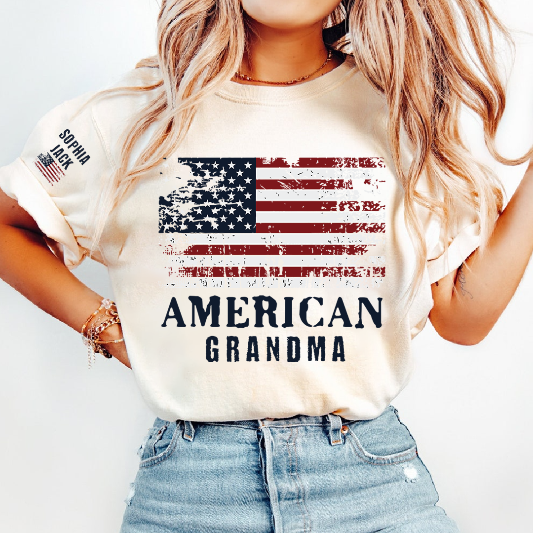 Custom American Grandma T-Shirt, Personalized Grandkids Name Sleeve Patriotic Shirt