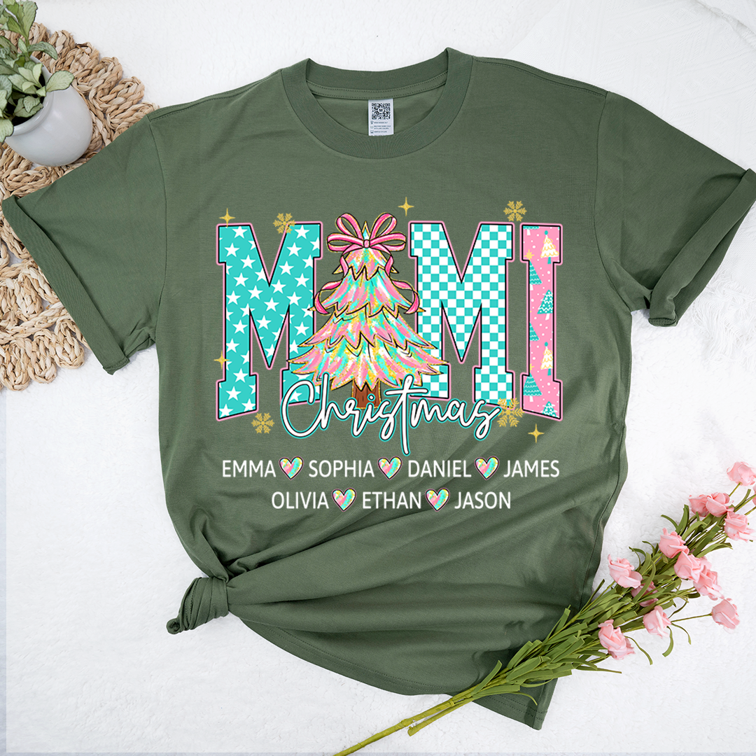 Christmas Tree Mimi T-Shirt, Custom Family Name for Grandma And Kids