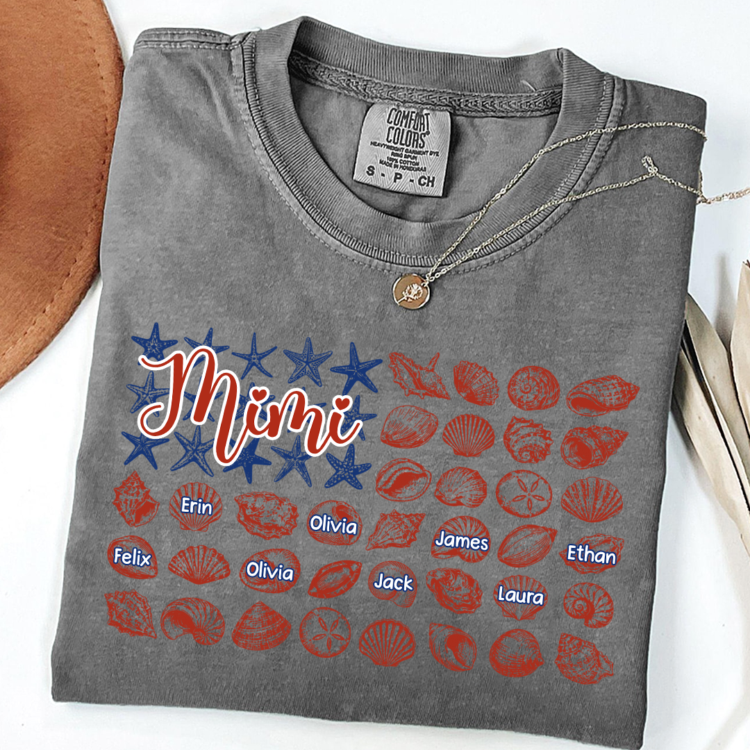 Comfort Colors Custom Mimi Shirt with Kids Names, Personalized Beach Shells Grandma Tee, Summer Family Vacation Gift for Grandmother