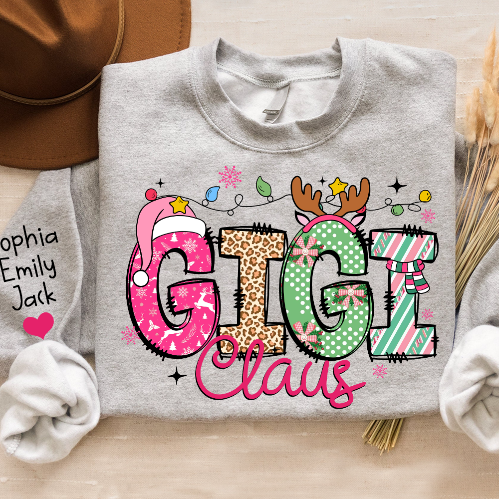 Personalized Grandma Sweatshirt, Merry Christmas Design with Grandchild's Name on Sleeve