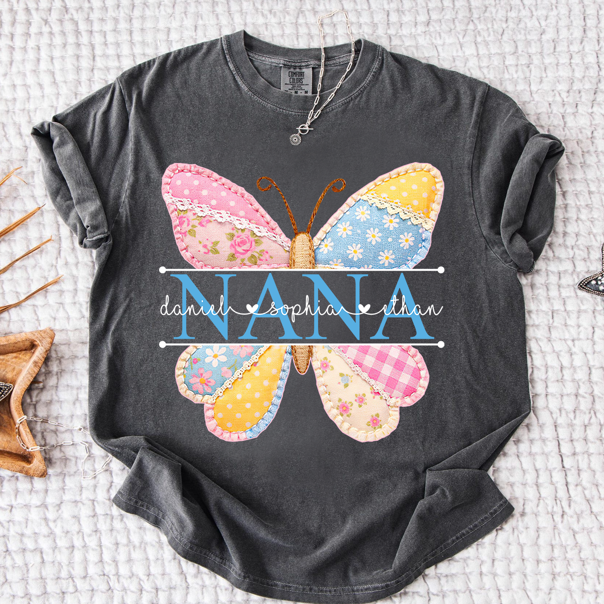 Comfort Colors Vibrant Mimi Shirt with Pink and Yellow Butterfly Patchwork, Custom Grandkids Names
