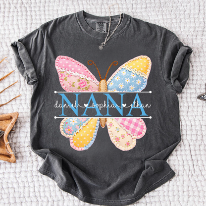 Comfort Colors Vibrant Mimi Shirt with Pink and Yellow Butterfly Patchwork, Custom Grandkids Names