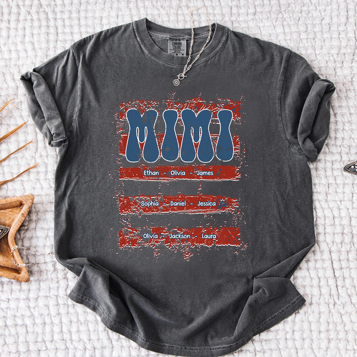 Comfort Colors Personalized Mimi Shirt with Family Names Patriotic American Flag Graphic Custom Family T Shirt for Mimi