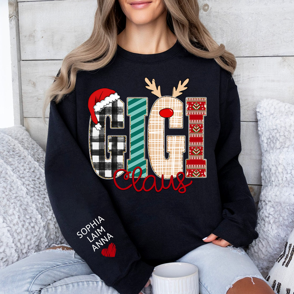 Gigi Claus Christmas Sweatshirt – Personalized Holiday  with Child’s Name on Sleeve Sweatshirts