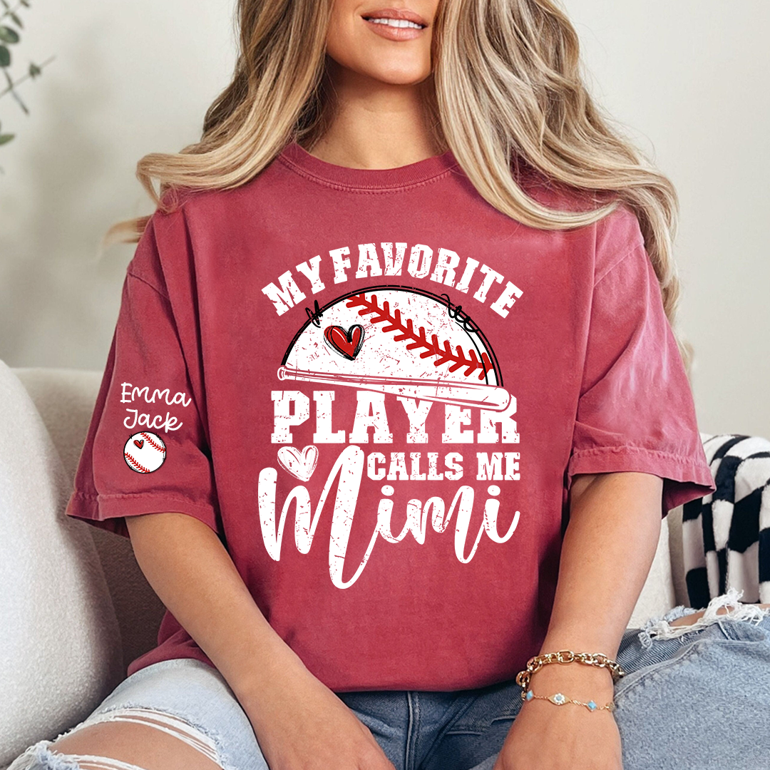 My Favorite Player Calls Me Mimi Shirt, Personalized Baseball T Shirt with Grandkids Names