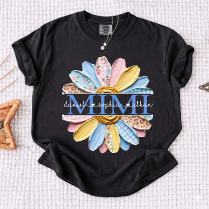 Comfort Mimi Floral Shirt, Custom Grandkids Names with Colorful Patchwork Daisy Design