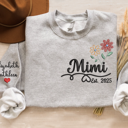 Personalized Embroidered Name Sweatshirts with Flowers, Gifts For Grandma And Kids