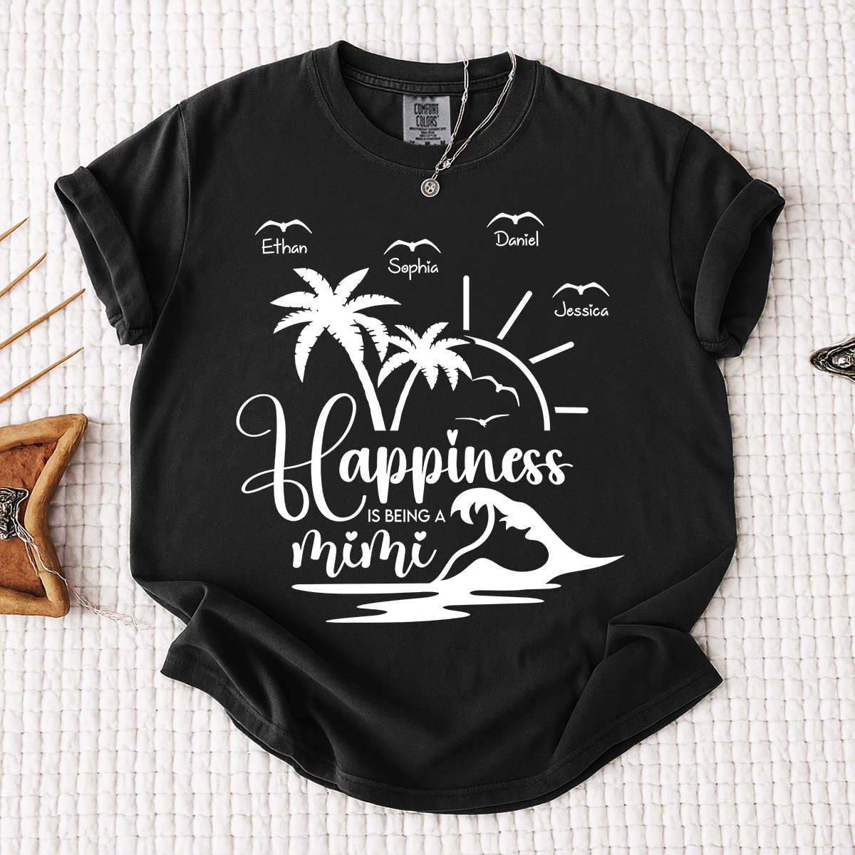 Comfort Colors Personalized Mimi Beach Shirt with Grandkids Names, Happiness Is Being a Mimi Tee, Custom Summer Grandma Gift