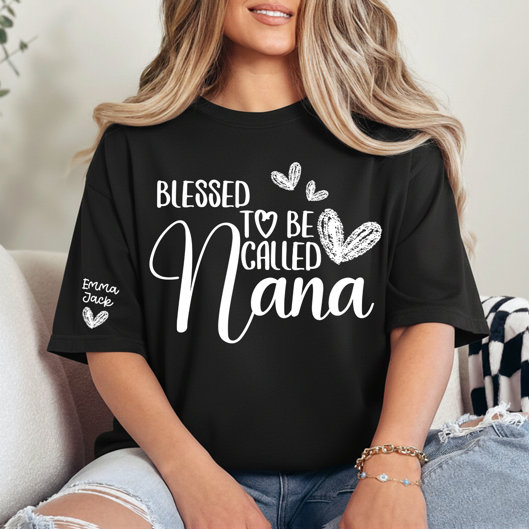Blessed To Be Called Nana Personalized T-Shirt, Custom Name Nana Tee with Heart Graphic
