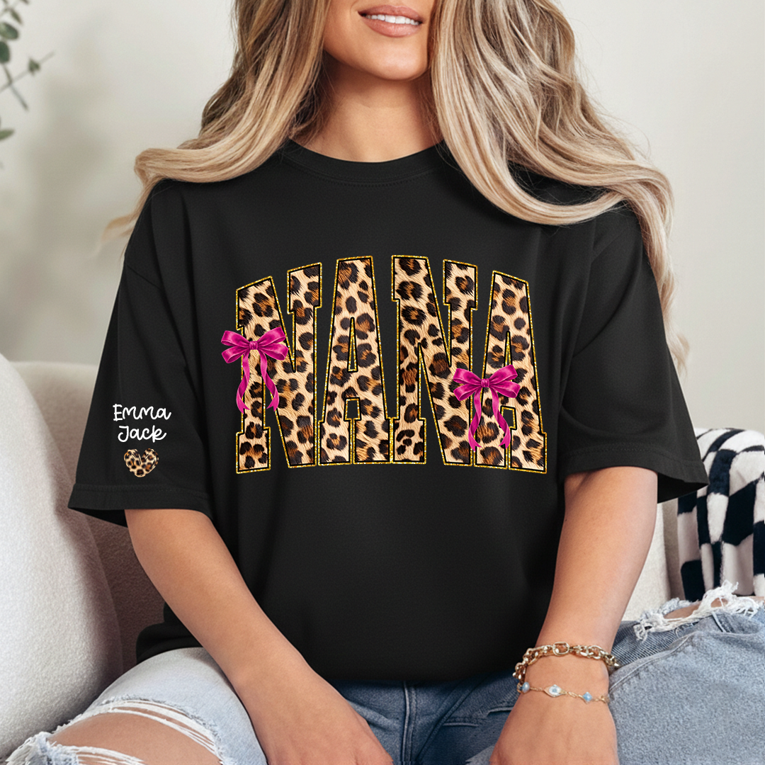 Custom Nana Shirt, Leopard Print And Bow Gift for Mimi Grandma And Kids