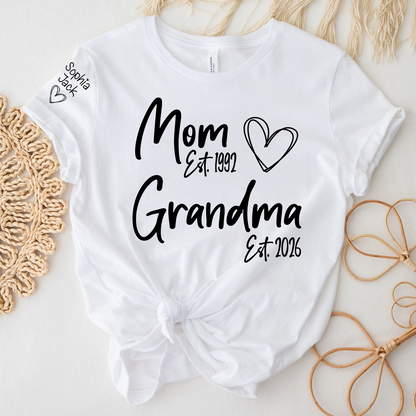 Personalized Mom Grandma Shirt, Est Year Minimal Family Design, With Grandma And Kids Names