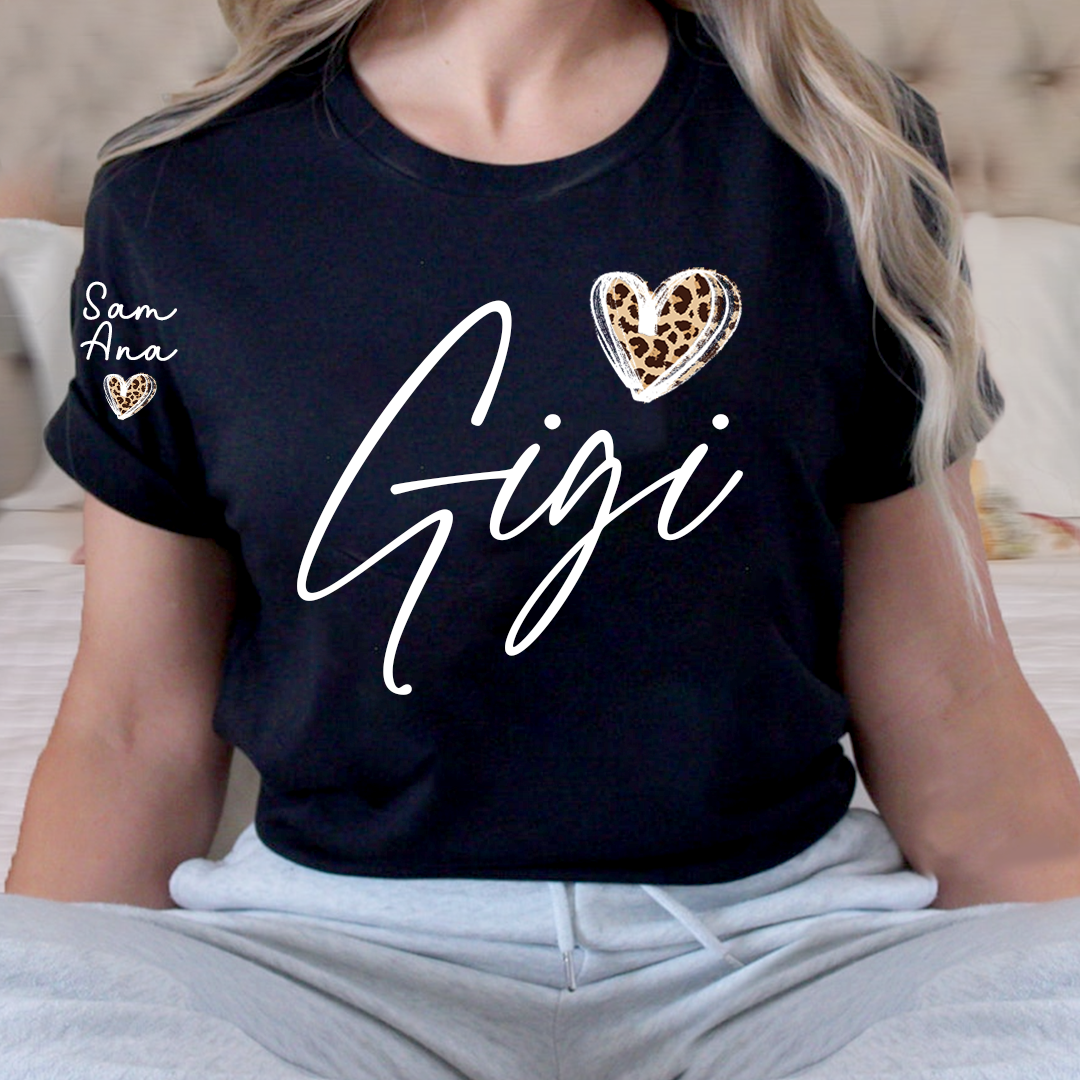 Personalized Gigi Heart Leopard Print T-shirts Custom Family T-Shirt with Heart Shape and Name