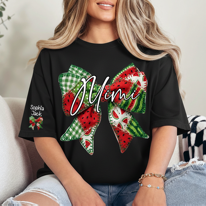 Mimi Watermelon Bow T-Shirt Personalized Grandma Shirt Summer Family Names Tee