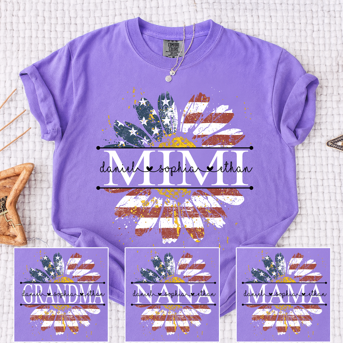 Comfort Mimi Daisy Shirt With American Flag Print, Custom Name, Floral Design, Personalized Family t-shirt