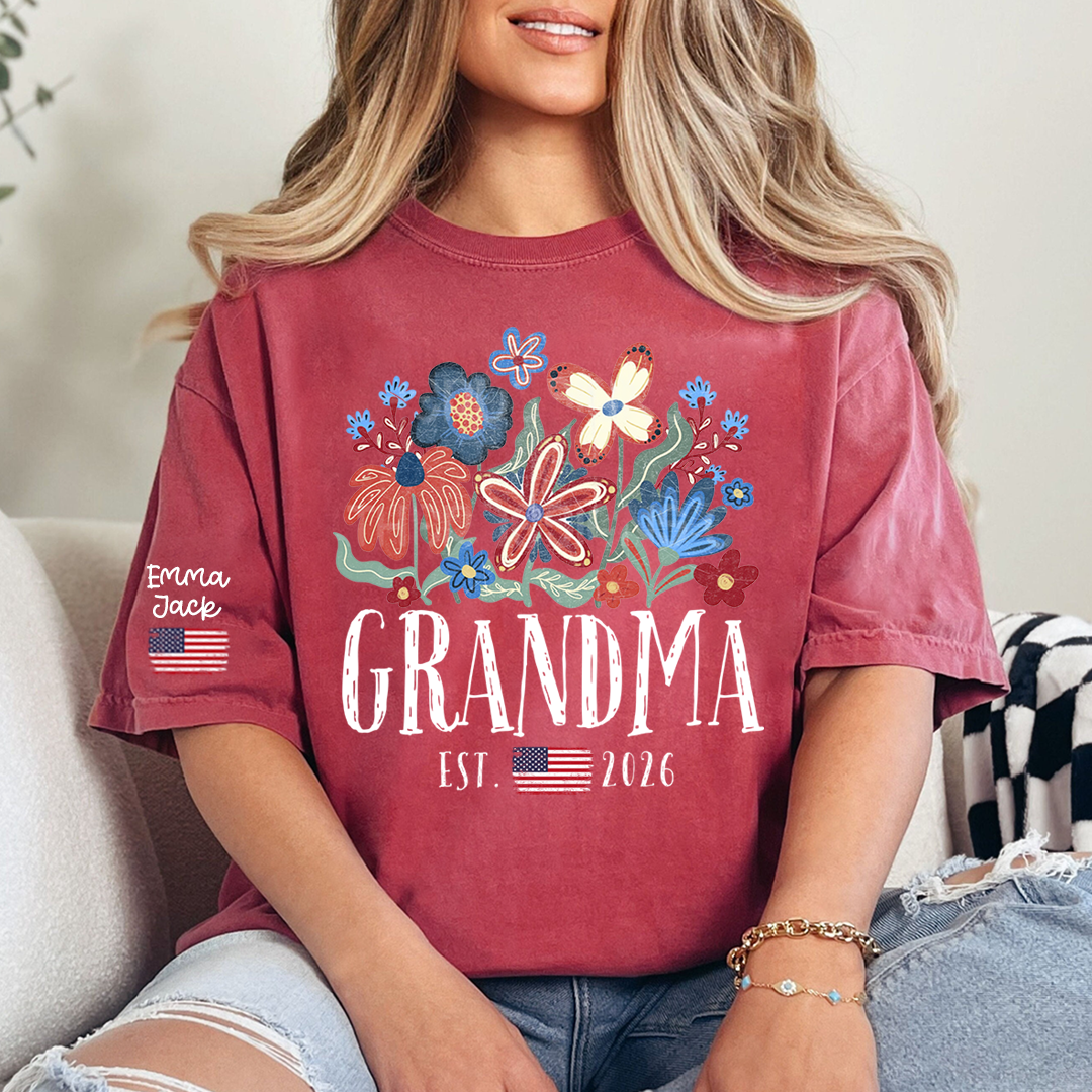 Personalized Flag America Grandma Floral Shirt with Custom Grandkids Names, Colorful Flower Design