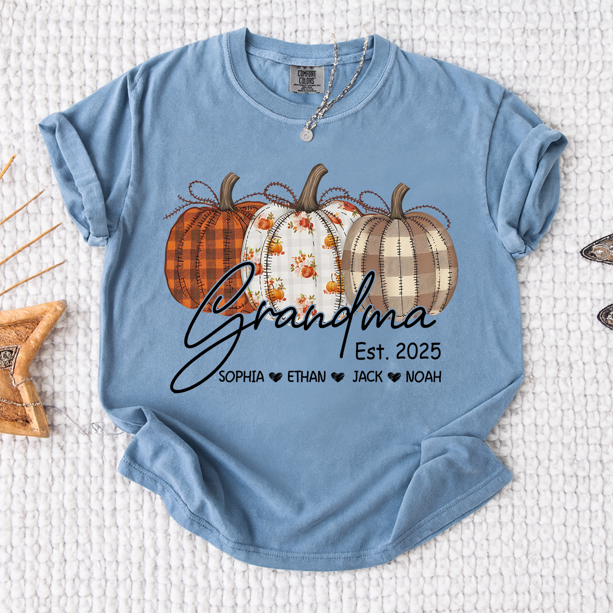 Comfort Colors® Personalized Grandma Pumpkin Tee, Custom Fall Shirt with Grandkids Names