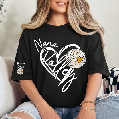 Personalized Nana Volleyball T Shirt, Custom Names with Heart and Volleyball Graphic
