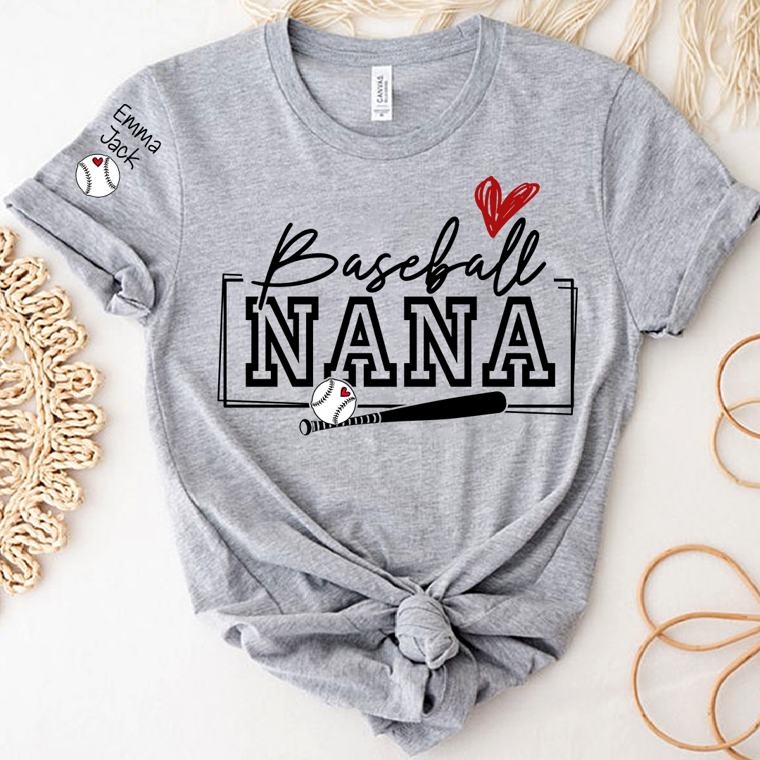 Proud Baseball Nana T Shirt, Personalized Family Sports Shirt with Bat and Heart Design