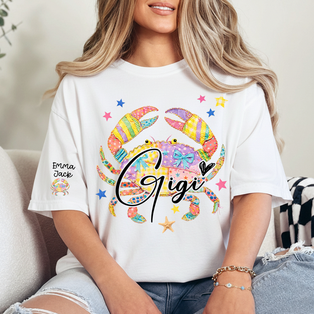 Custom Mimi T Shirt, Personalized Grandma Shirt with Kids Names, Colorful Crab Beach Design Tee, Summer Gift for Mimi