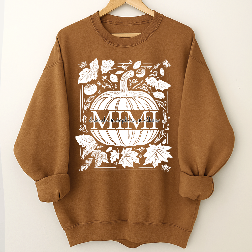 Custom Mimi Autumn Sweatshirt, Pumpkin and Leaf Design with Grandkids Names, Personalized Grandma Fall Apparel