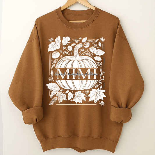 Custom Mimi Autumn Sweatshirt, Pumpkin and Leaf Design with Grandkids Names, Personalized Grandma Fall Apparel