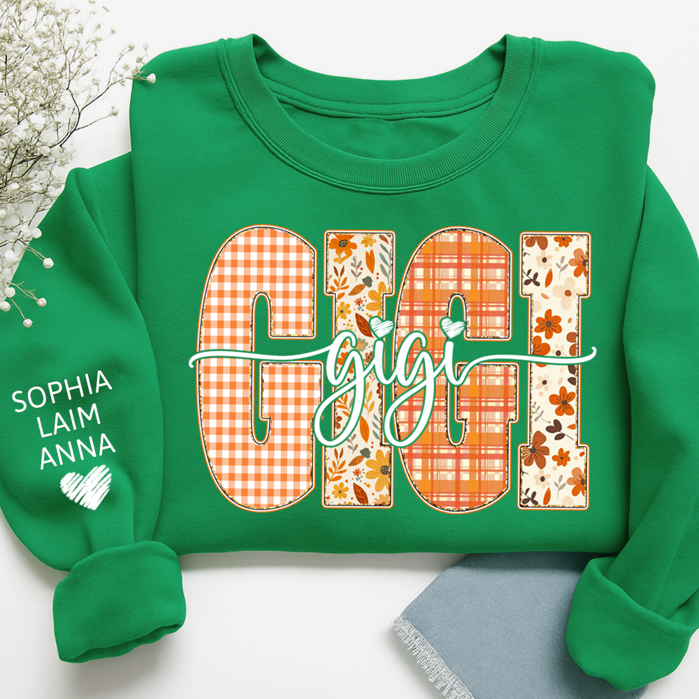 Personalized Gigi Crewneck for Grandma – Fall Colors with Kids' Names on Sleeve