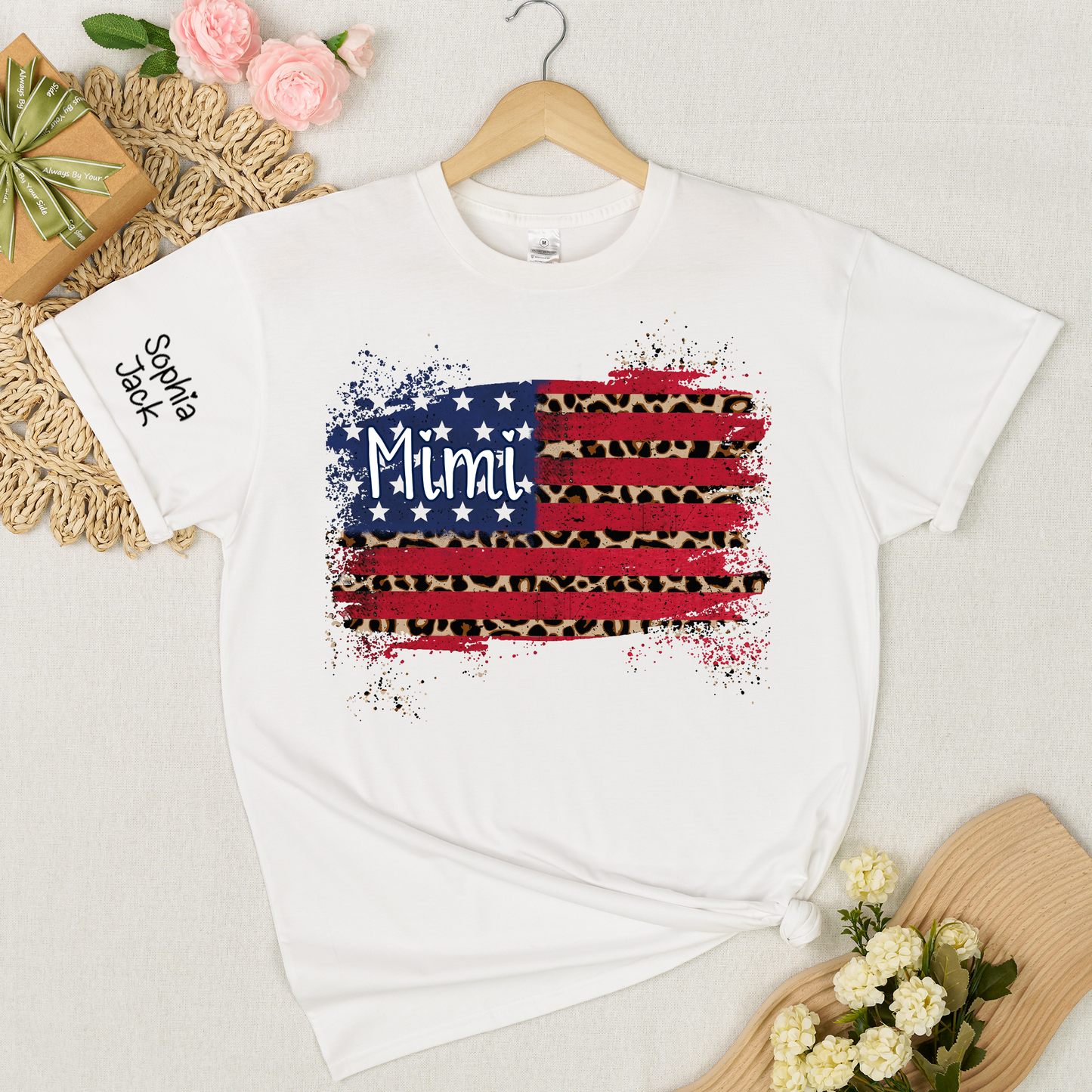 Personalized Mimi American Flag Shirt Leopard USA Flag Custom Kids Names T Shirt Patriotic Grandma Gift Fourth of July Family Matching Tee