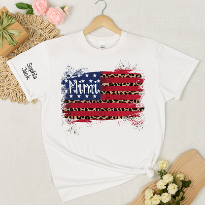 Personalized Mimi American Flag Shirt Leopard USA Flag Custom Kids Names T Shirt Patriotic Grandma Gift Fourth of July Family Matching Tee