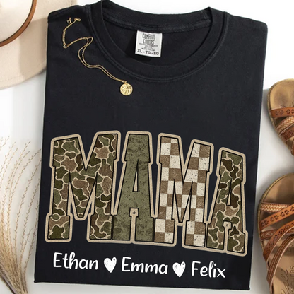 Personalized Camo Mama Shirt - Hunting Style Tee with Custom Kids Names