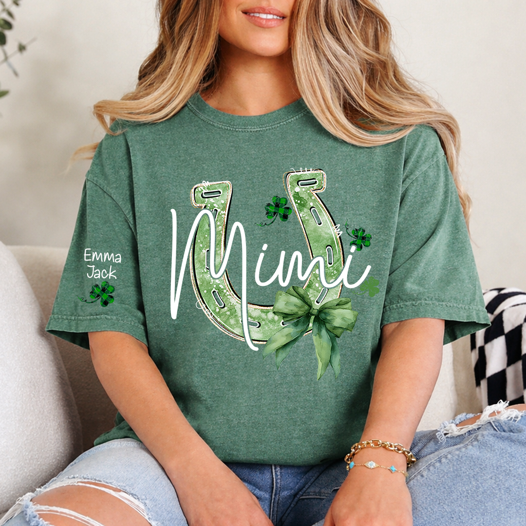 Mimi St Patrick’s Day Shirt, Lucky Horseshoe Shamrock Family T Shirt, With Grandma And Kids Names