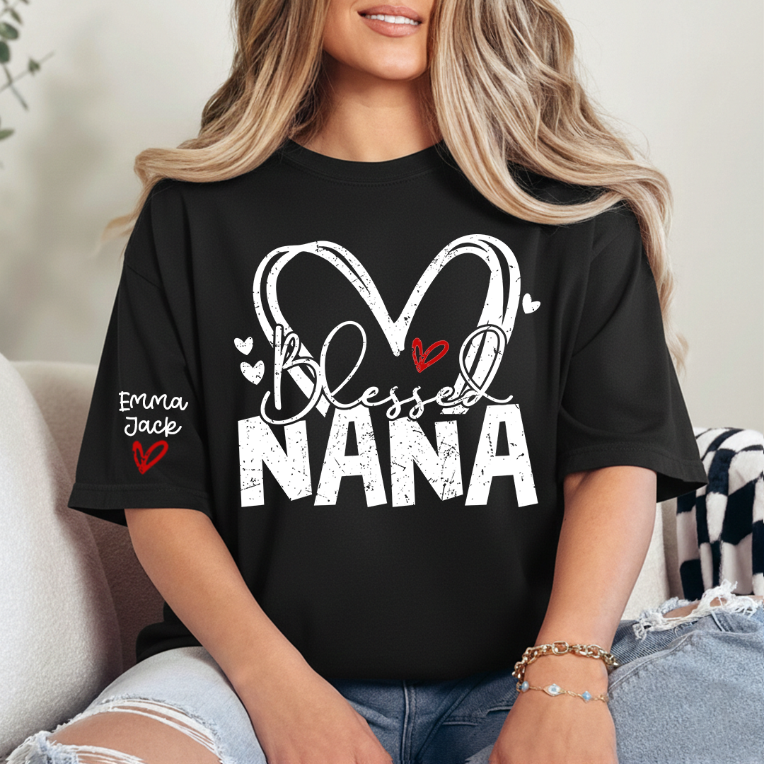 Blessed Nana Shirt, Personalized Family T Shirt with Custom Grandkids Names and Heart Design